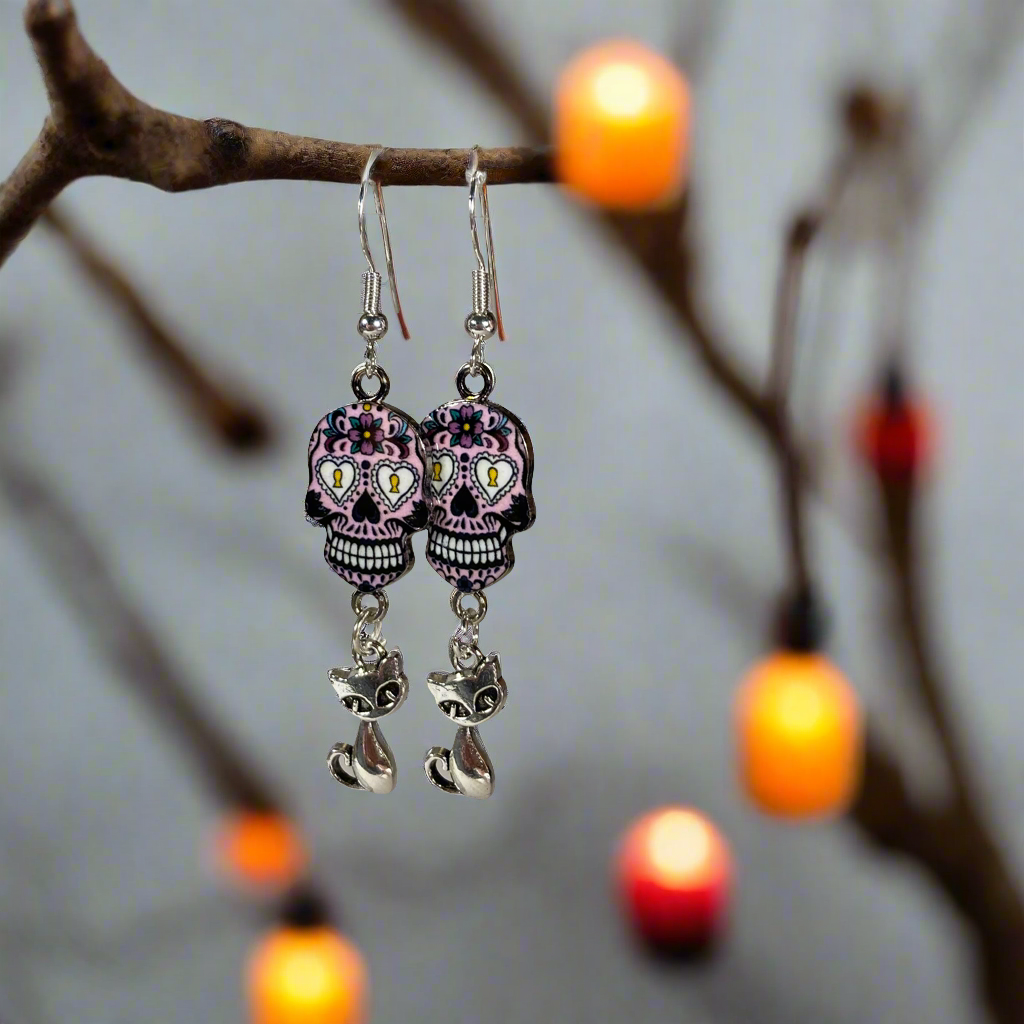 Sugar Skull Earrings with kitty