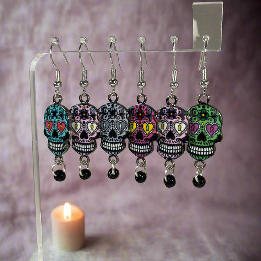 Sugar skulls with  black bead Earrings