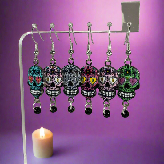 Sugar skulls  earrings with  black bead