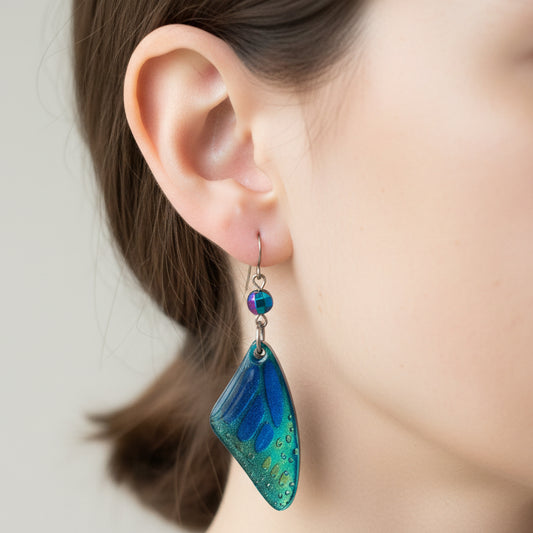 Earrings, butterfly wings, green, blue
