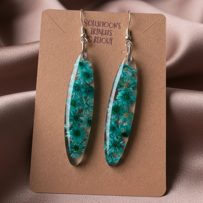 Floral dangle earrings,blue green