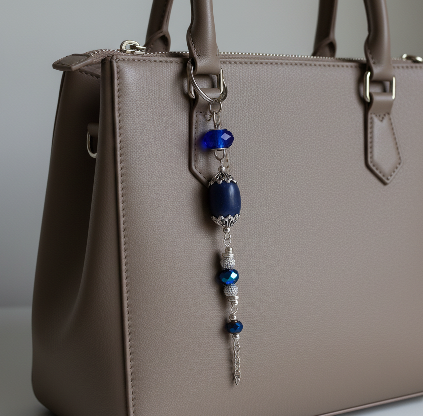Bag charm, beaded, royal blue