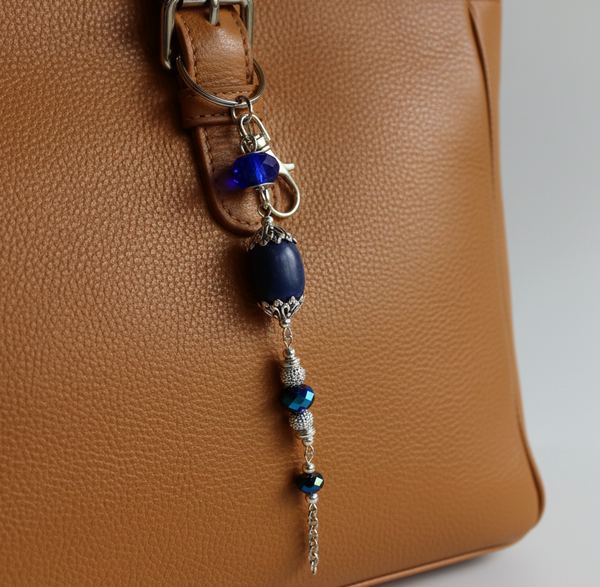 Bag charm, beaded, royal blue