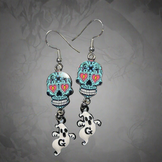 Sugar Skull Earrings with Ghost