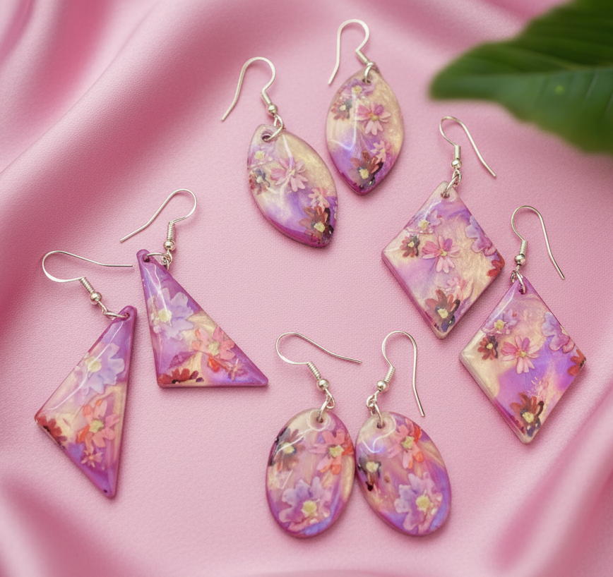 Floral  drop earrings, purple