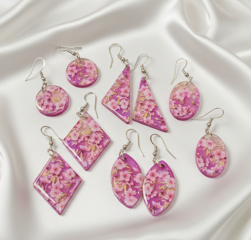 Floral drop earrings, pink