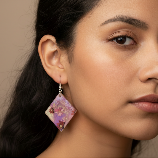 Floral  drop earrings, purple