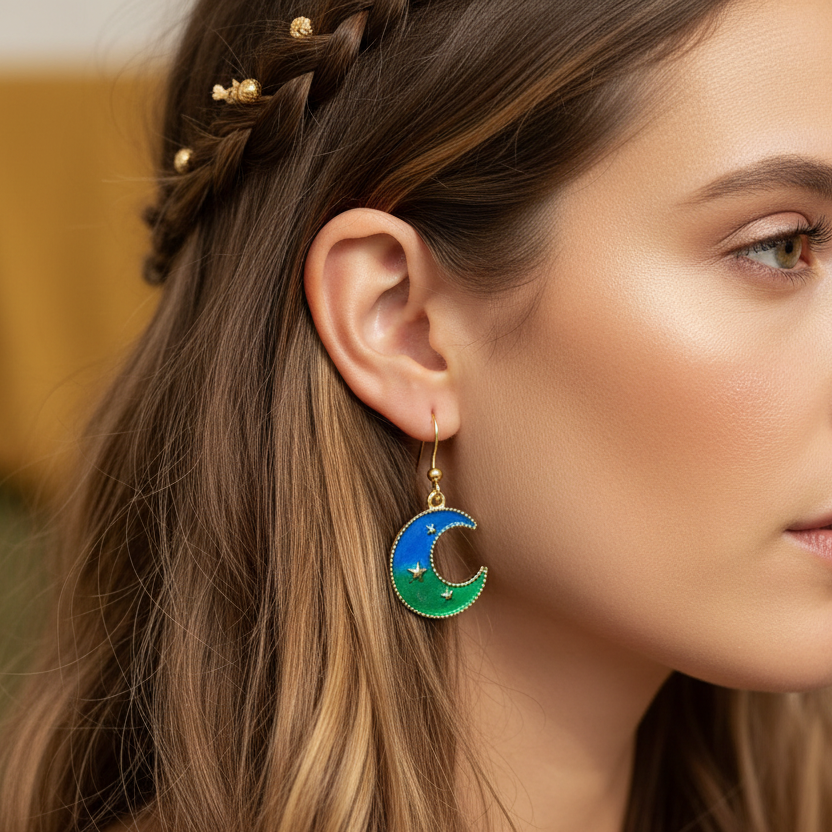 Moon earrings with stars, green and blue