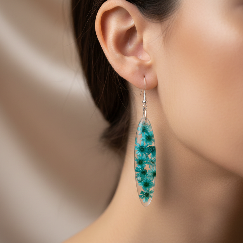 Floral dangle earrings,blue green