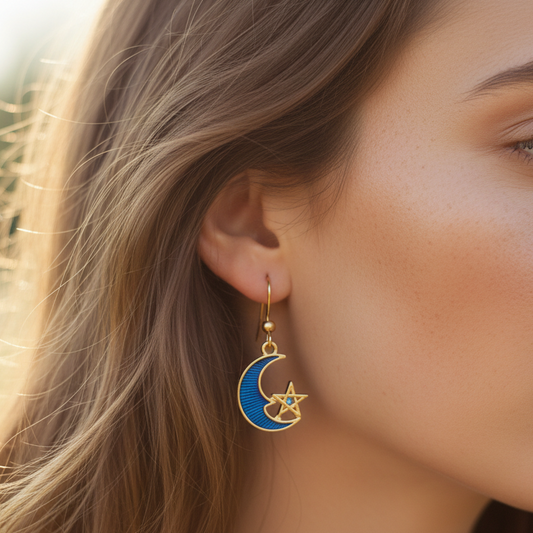 Moon earrings, blue, with a star