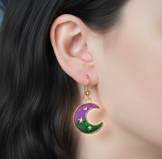 Moon Earrings, purple and green with stars