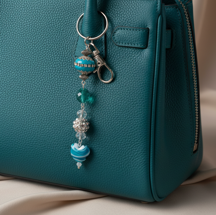 Bag charm, beaded, blue