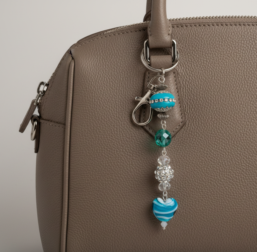 Bag charm, beaded, blue
