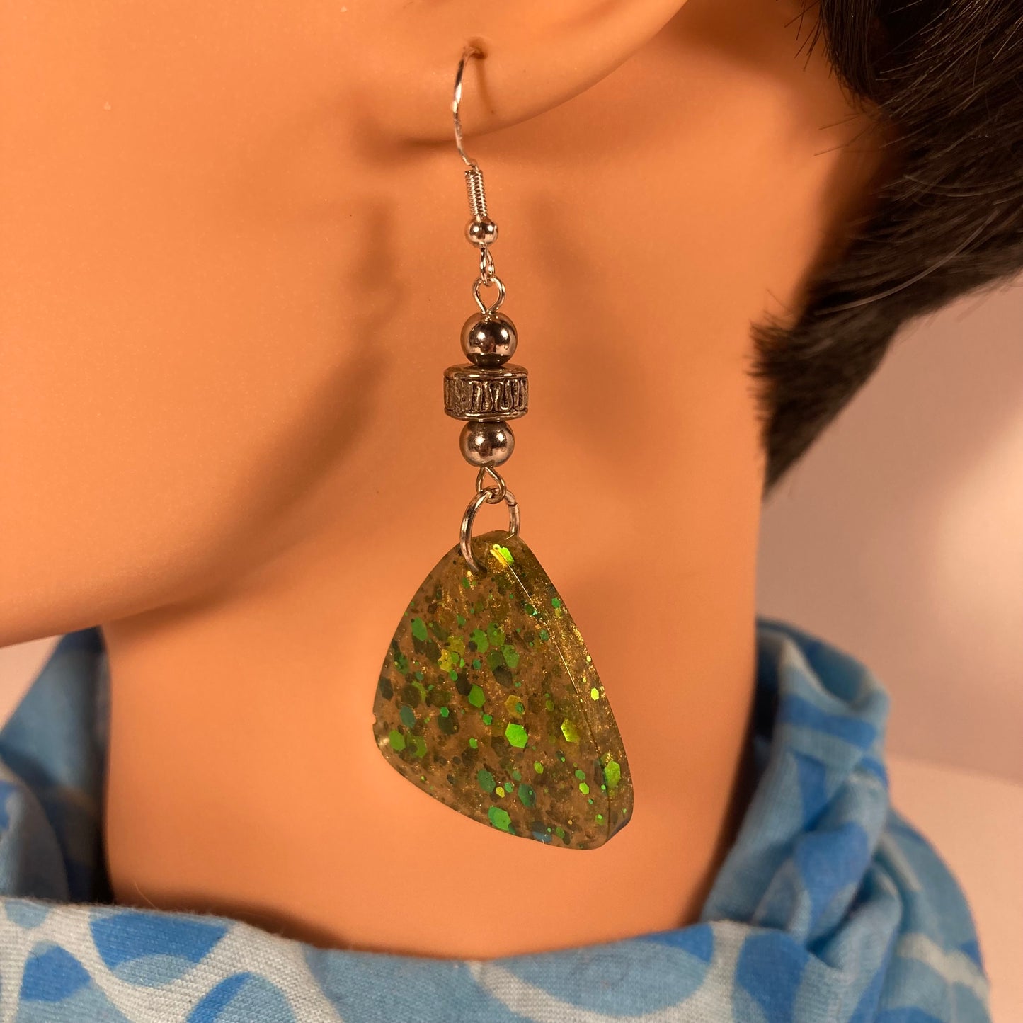 Green guitar pick earrings