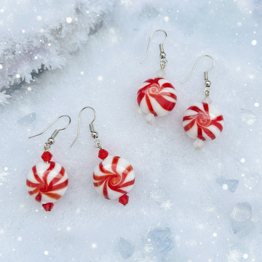 Christmas earrings, round peppermint candy