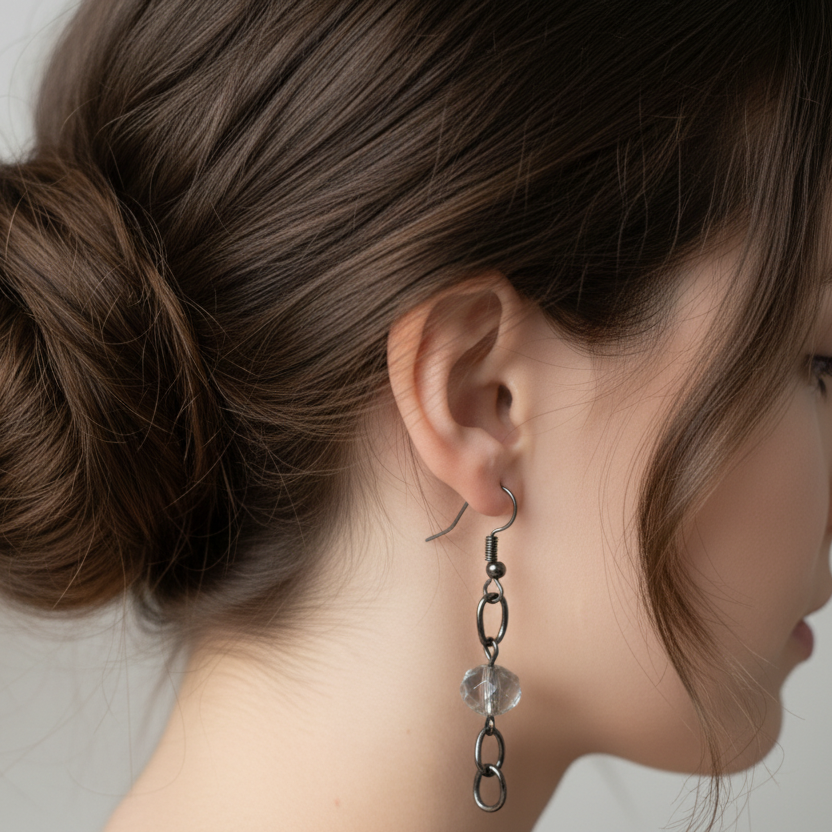 Beaded earrings on a dark silver chain