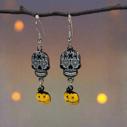 Sugar skulls with orange Pumpkins Earrings