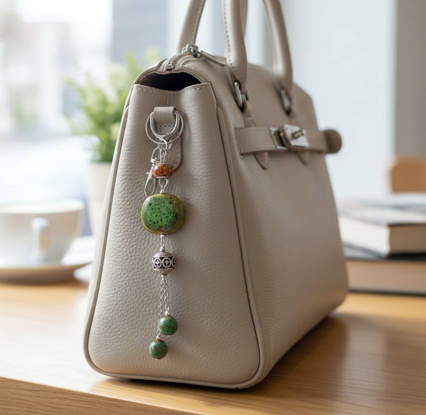 Bag charm, beaded, green