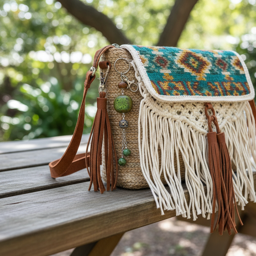 Bag charm, beaded, green