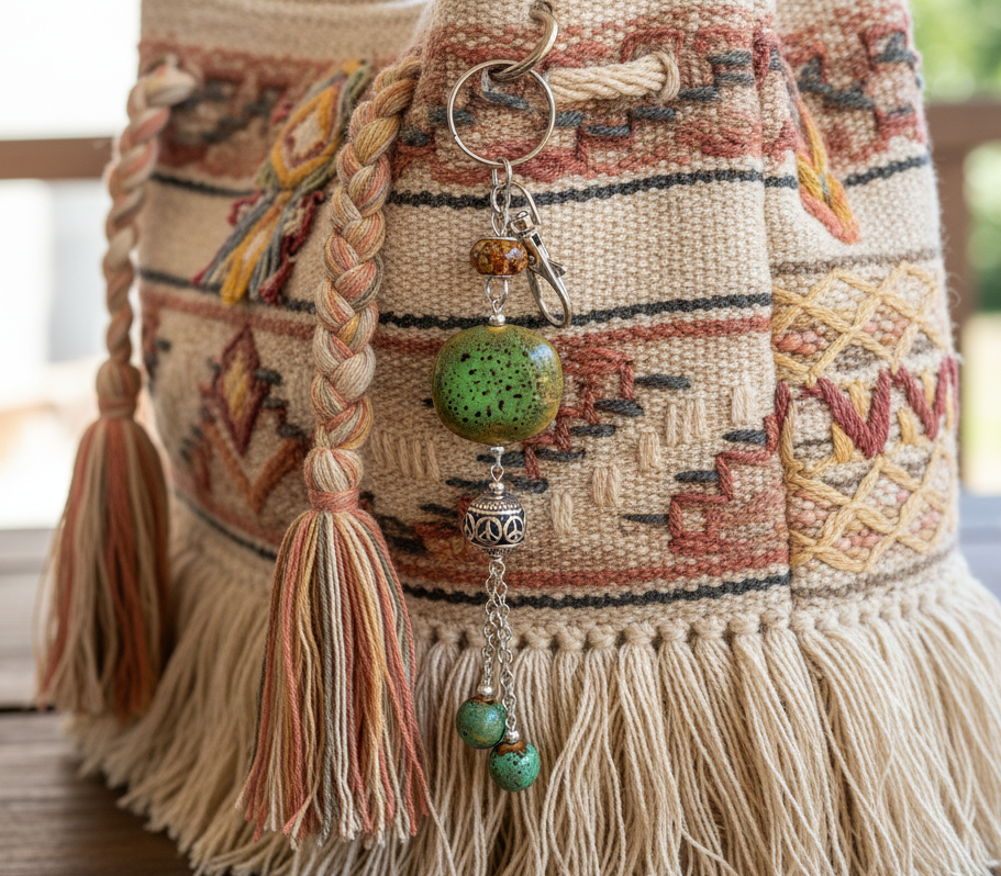 Bag charm, beaded, green