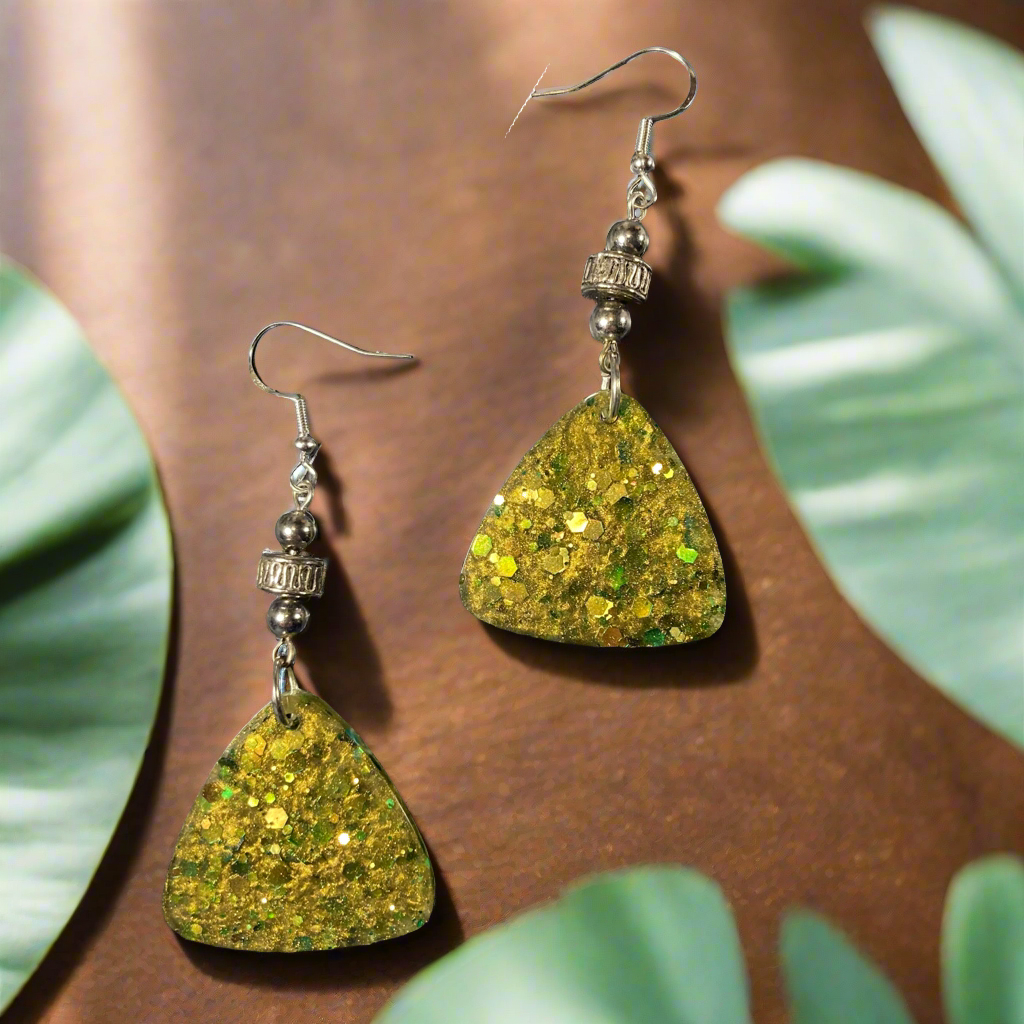 Green guitar pick earrings