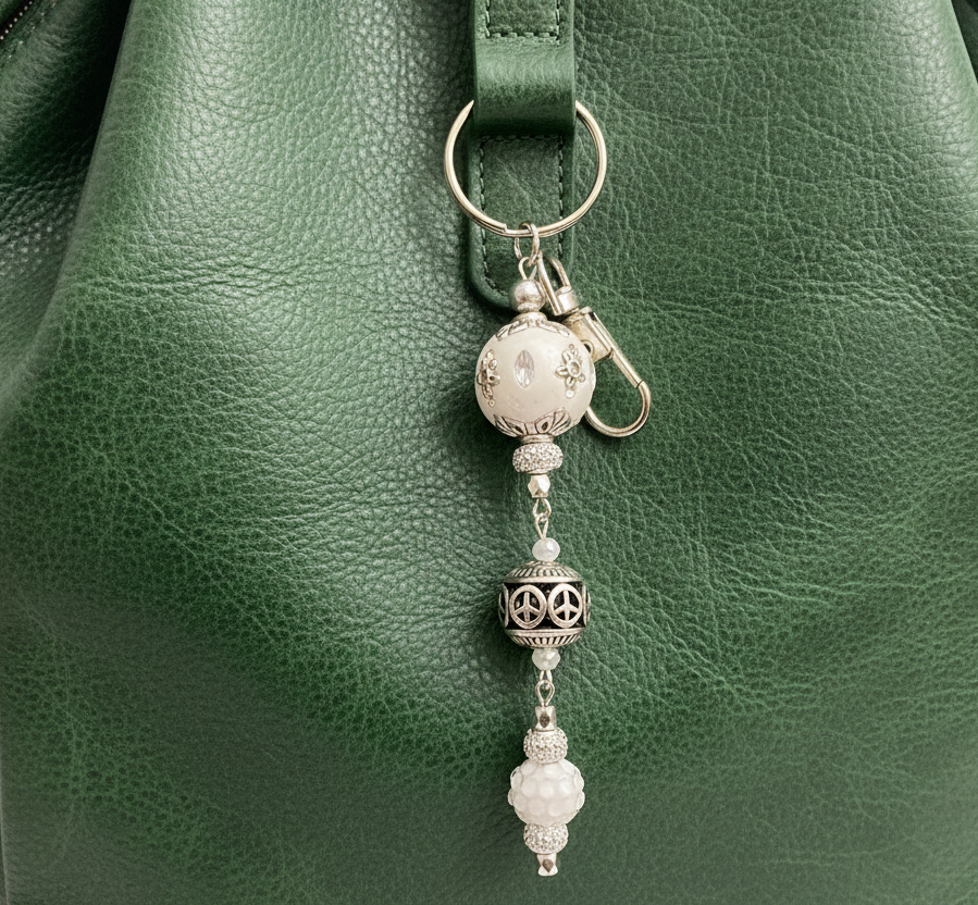 Bag charm, beaded, white