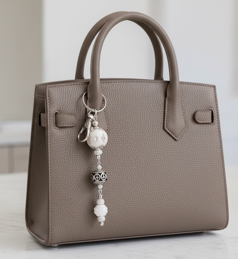 Bag charm, beaded, white