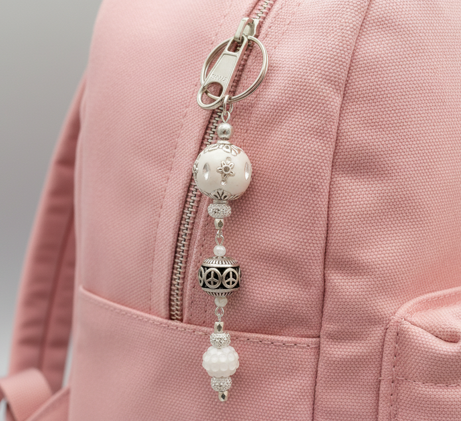 Bag charm, beaded, white