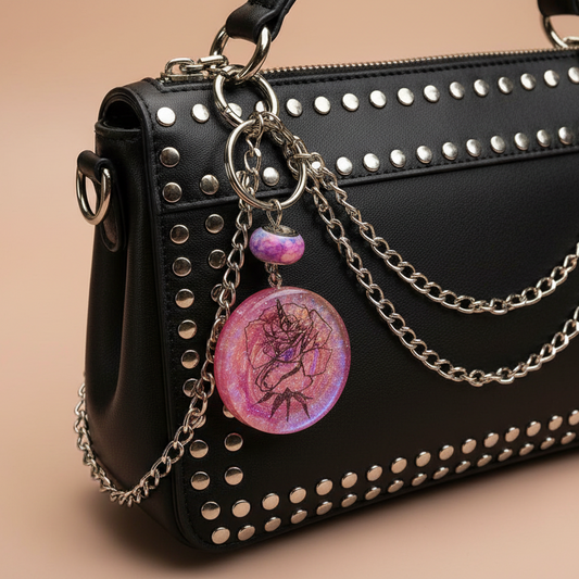 Keychain, bag charm, rose tattoo, pink