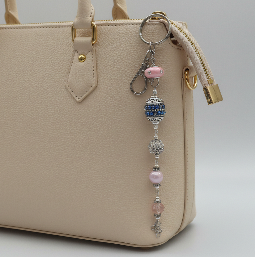 Bag charm, beaded, pink
