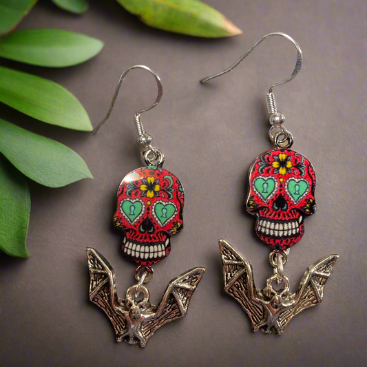 Sugar Skulls Earrings with Bats (s1)