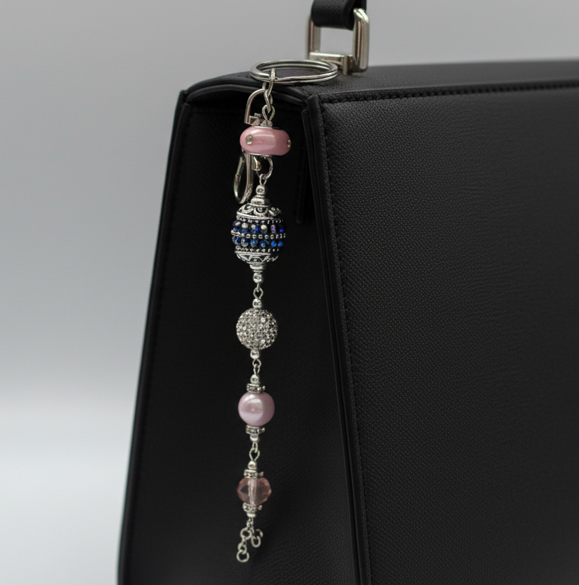 Bag charm, beaded, pink