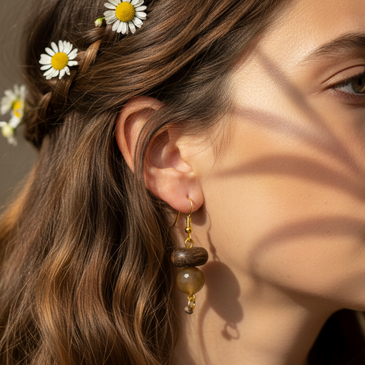 Drop earrings, wood and beads, fall vibes