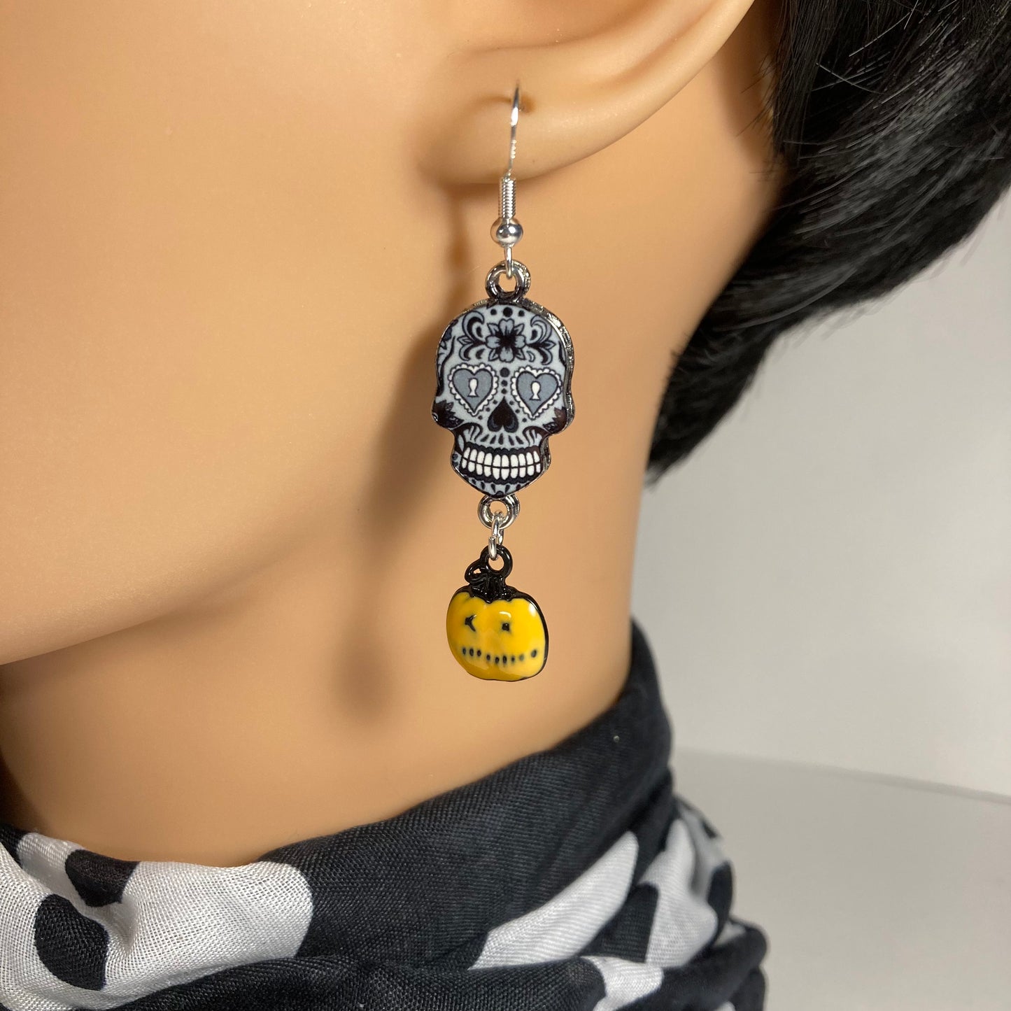 Sugar skulls with orange Pumpkins Earrings