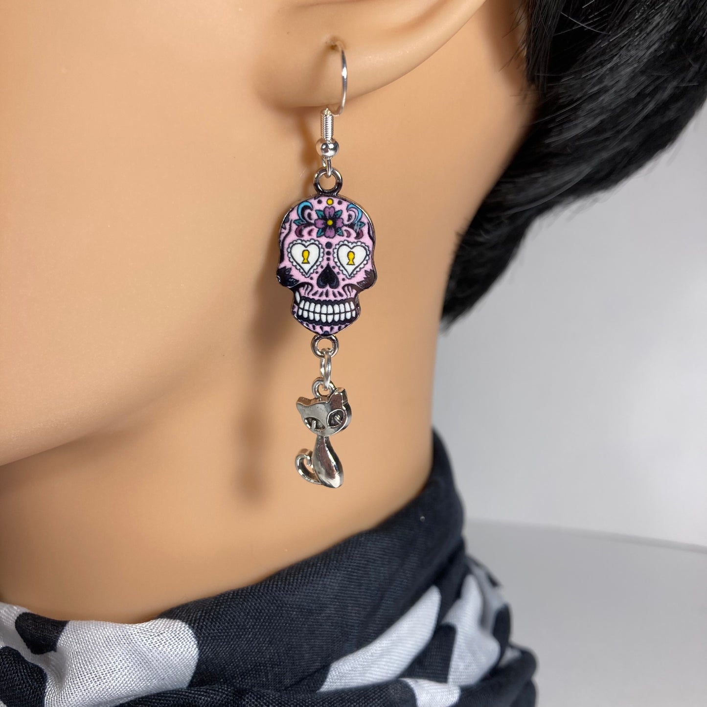 Sugar Skull Earrings with kitty