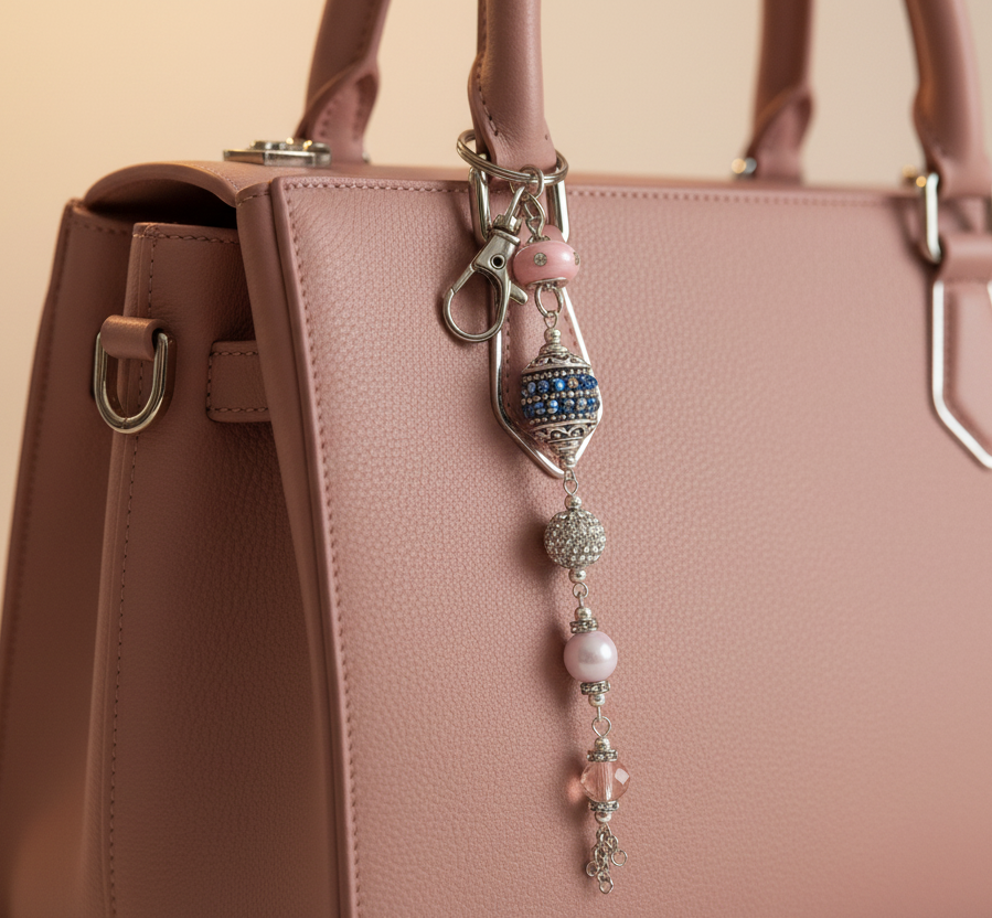 Bag charm, beaded, pink