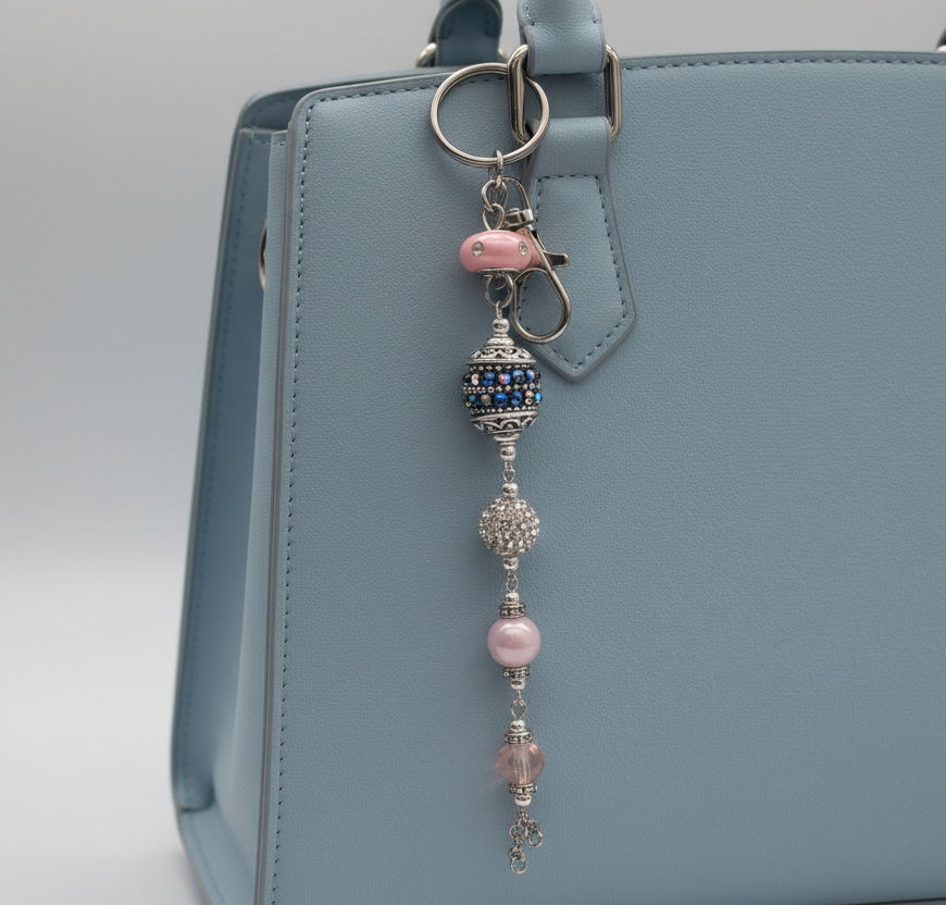Bag charm, beaded, pink
