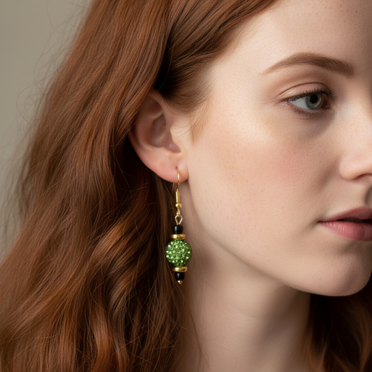 Drop Earrings, Green and Gold Glitter