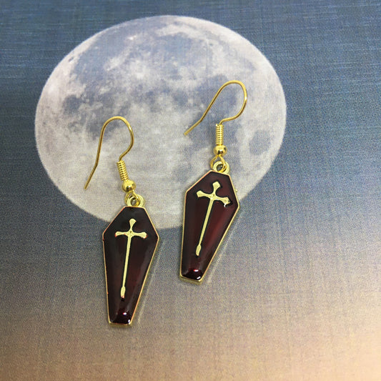 Coffin Charm Earrings, blood red/gold