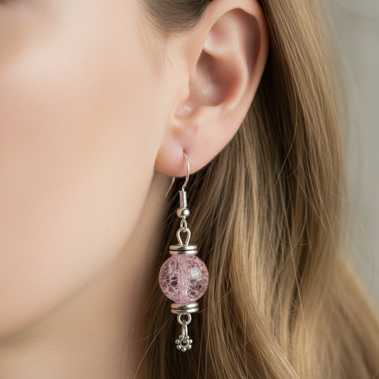 Dangle earrings, rose quartz with tiny flowers