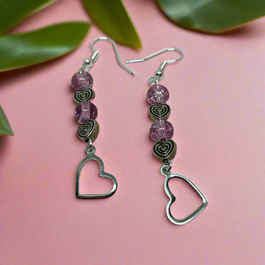 Amethyst glass beads Dangle Earrings with Hearts